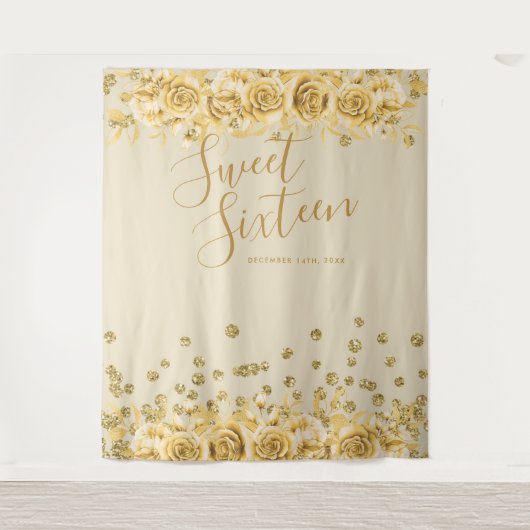 Elegante Gouden Sweet 16 Glitter Confetti Bloemen Wandkleed (Voorkant)