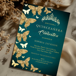 Elegante Gouden Teal Vlinder Quinceanera Folie Uitnodiging
