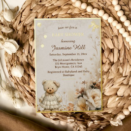 Elegante Gouden Teddybeer Baby Shower Folie Uitnodiging