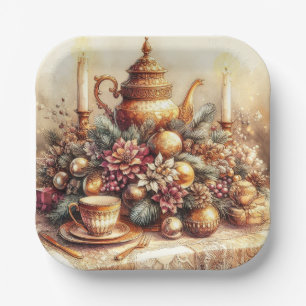 Elegante  gouden theepot kerstpapier Bord