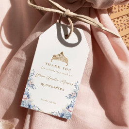 Elegante gouden Tiara Blauwe Bloemen Quinceañera Cadeaulabel