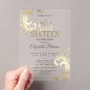 Elegante Gouden Tiara met Krullen Sweet 16 Feestje Acryl Uitnodigingen