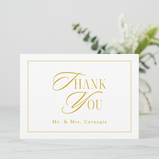 Elegante gouden toon script bruiloft foto bedankkaart (Staand voorkant)