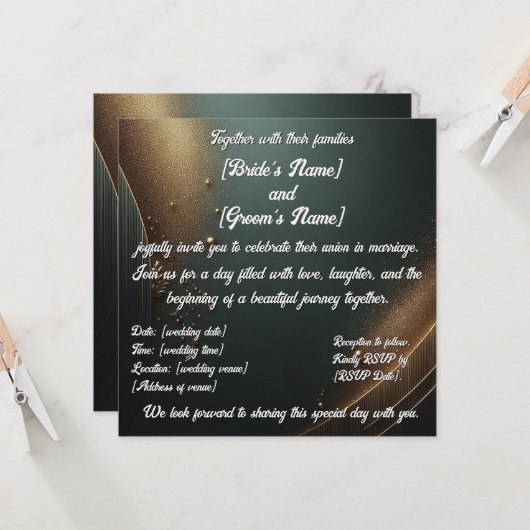 Elegante gouden turquoise trouwuitnodiging kaart (Voorkant / Achterkant in situ)