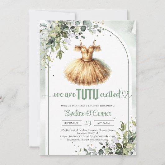 Elegante gouden tutu jurk groen gebogen meisje kaart (Voorkant)