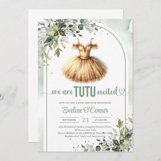 Elegante gouden tutu jurk groen gebogen meisje kaart (Voorkant / Achterkant)