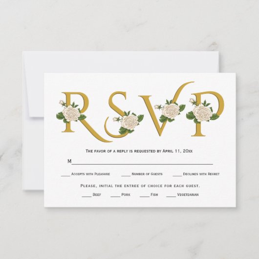 Elegante gouden typografie en witte rozen RSVP-kaa RSVP Kaartje (Voorkant)
