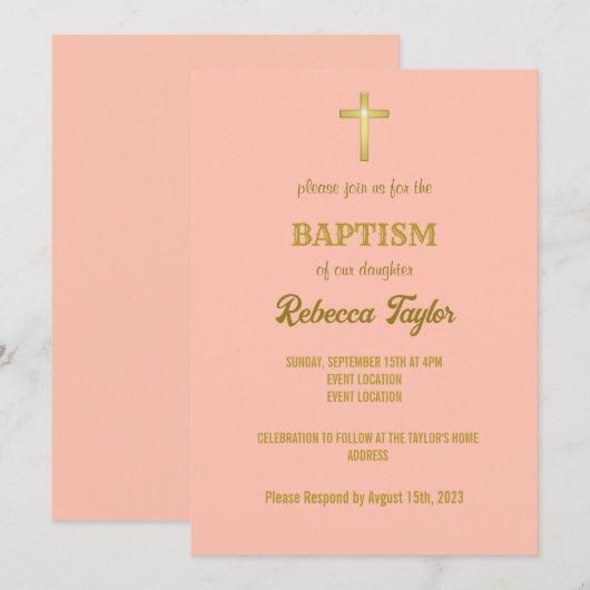 Elegante gouden typografie kruisdoop op roze kaart (Voorkant / Achterkant)