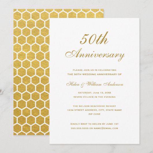 Elegante gouden uitnodiging voor 50ste huwelijksve (Voorkant / Achterkant)