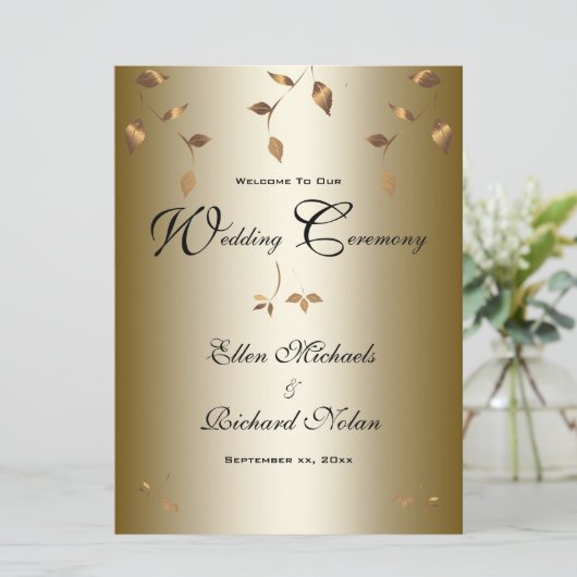 Elegante gouden vallende bladeren bruiloft programmakaart (Staand voorkant)