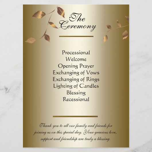 Elegante gouden vallende bladeren bruiloft programmakaart (Achterkant)