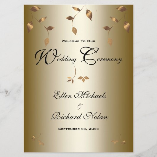 Elegante gouden vallende bladeren bruiloft programmakaart (Voorkant)