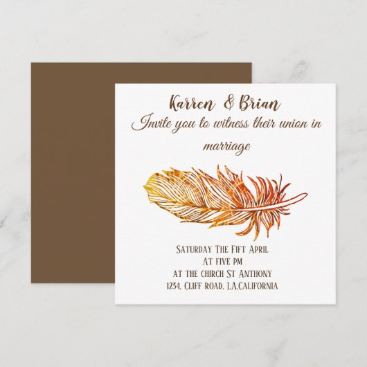 Elegante, gouden veren bruiloft uitnodiging (Voorkant / Achterkant)