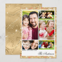 Elegante Gouden Vijf Foto Kerstmis Feestdagenkaart