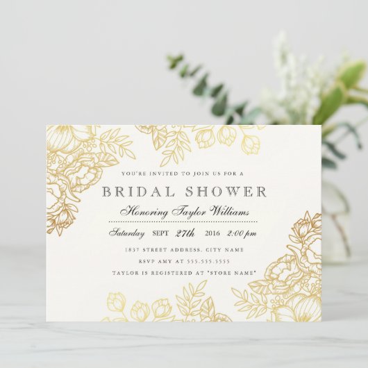 Elegante gouden vintage bloem bruiloft uitnodiging (Staand voorkant)