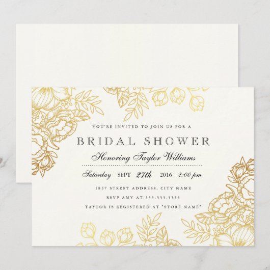 Elegante gouden vintage bloem bruiloft uitnodiging (Voorkant / Achterkant)