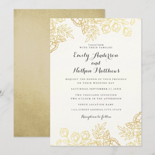 Elegante gouden vintage bloem bruiloft uitnodiging (Voorkant / Achterkant)