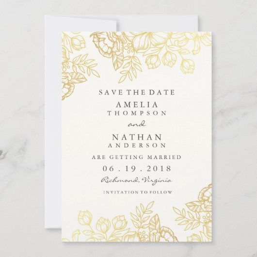 Elegante gouden vintage bloemensave the date save the date (Voorkant)