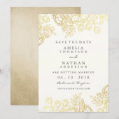 Elegante gouden vintage bloemensave the date save the date (Voorkant / Achterkant)