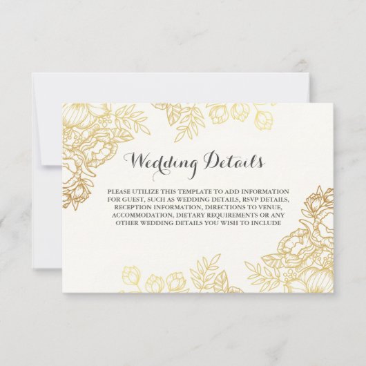 Elegante gouden vintage bloemige trouwdetails kaart (Voorkant)