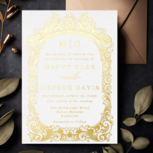 Elegante gouden vintage lijst monogram bruiloft folie uitnodiging