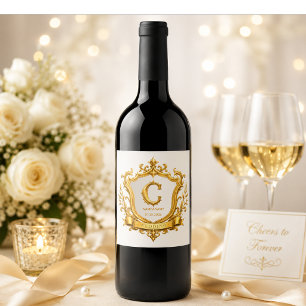 Elegante Gouden Vintage Monogram Trouw Wijn Etiket