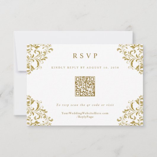 Elegante gouden vintage trouw QR-code RSVP kaart (Voorkant)