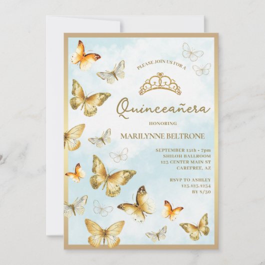 Elegante gouden vlinder blauw Quinceañera Kaart (Voorkant)
