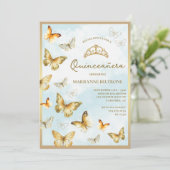 Elegante gouden vlinder blauw Quinceañera Kaart (Staand voorkant)
