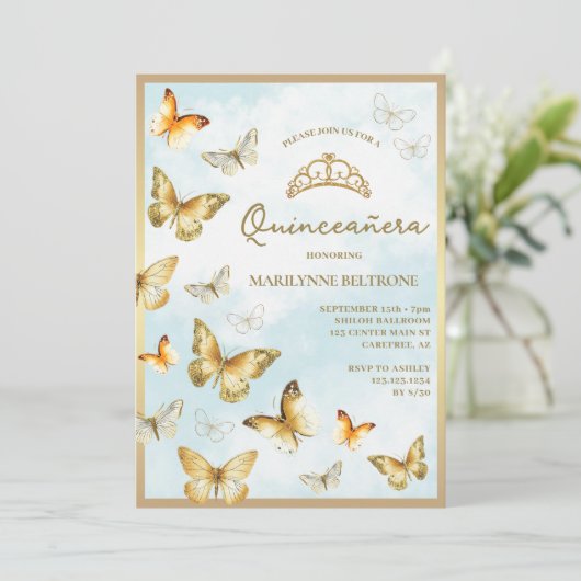 Elegante gouden vlinder blauw Quinceañera Kaart (Staand voorkant)