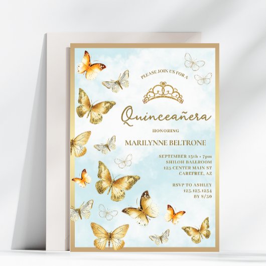 Elegante gouden vlinder blauw Quinceañera Kaart