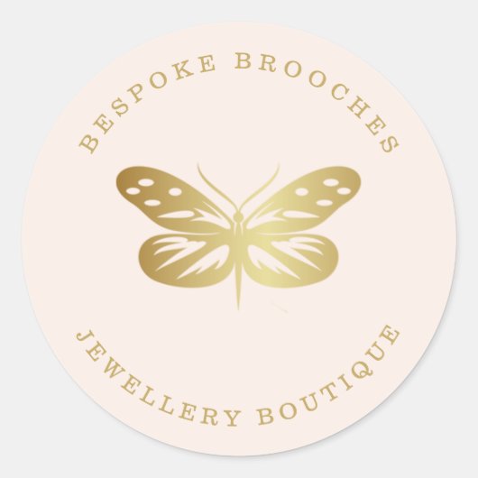 Elegante gouden vlinder op beige ronde sticker (Voorkant)
