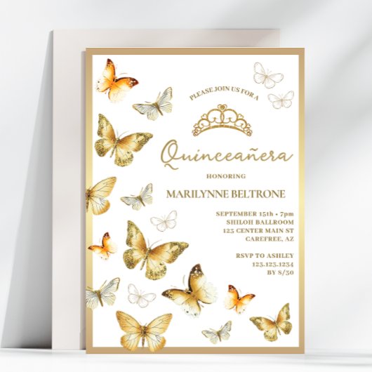 Elegante gouden vlinder Quinceañera Kaart