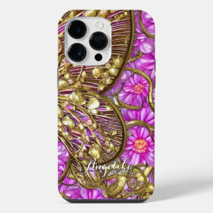 Elegante Gouden Vlinder Roze Madeliefjes Aangepast iPhone 14 Pro Max Hoesje