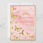 Elegante gouden vlinder roze Quinceañera Kaart (Voorkant)