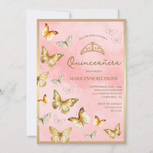 Elegante gouden vlinder roze Quinceañera Kaart (Voorkant)