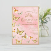 Elegante gouden vlinder roze Quinceañera Kaart (Staand voorkant)