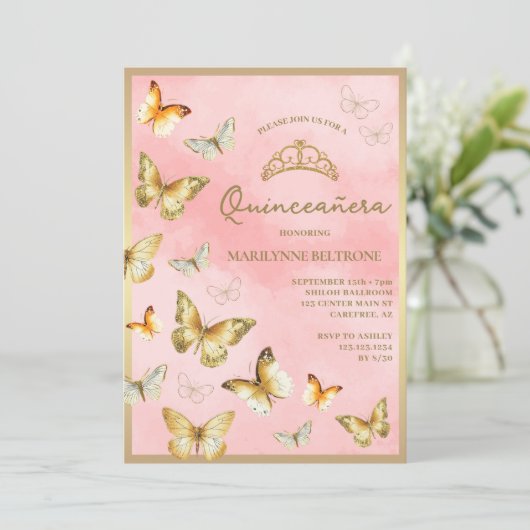 Elegante gouden vlinder roze Quinceañera Kaart (Staand voorkant)