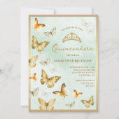 Elegante gouden vlindergroene Quinceañera Kaart (Voorkant)