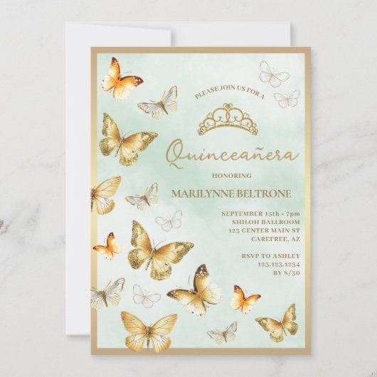 Elegante gouden vlindergroene Quinceañera Kaart (Voorkant)