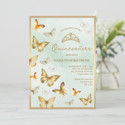 Elegante gouden vlindergroene Quinceañera Kaart (Staand voorkant)