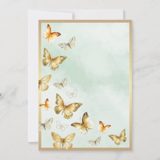 Elegante gouden vlindergroene Quinceañera Kaart (Achterkant)
