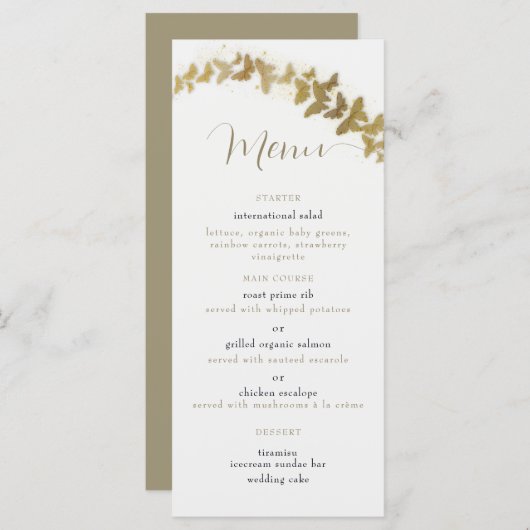 Elegante Gouden Vlinders Boho Chic Klasse Bruiloft Menu (Voorkant / Achterkant)
