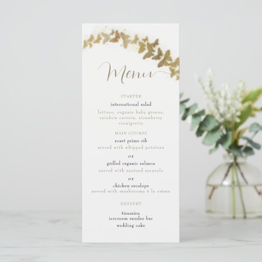 Elegante Gouden Vlinders Boho Chic Klasse Bruiloft Menu (Staand voorkant)