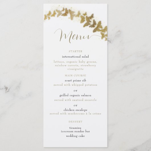 Elegante Gouden Vlinders Boho Chic Klasse Bruiloft Menu (Voorkant)