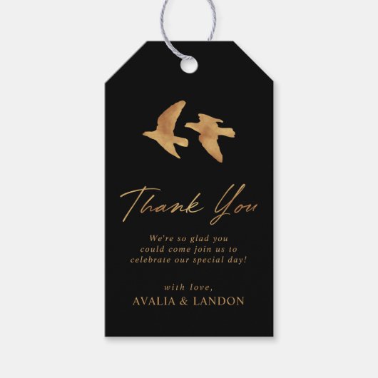 Elegante gouden vogels bruiloft dank u cadeaulabel (Voorkant)