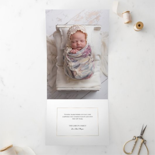 Elegante Gouden Vrede op Aarde Foto Drieluik Wenskaart (Binnen)