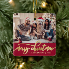 Elegante Gouden Vrolijk Kerst Scriptie Foto Rood Keramisch Ornament