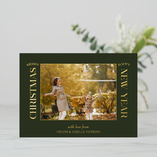 Elegante gouden vrolijke kerst typografie foto folie feestdagenkaart (Staand Voorkant)