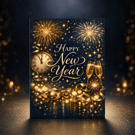 Elegante Gouden Vuurwerk Middernacht Gelukkig Nieu Feestdagen Kaart